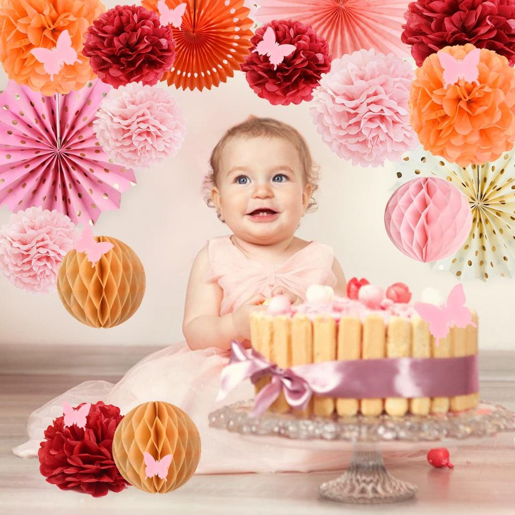 SUNBEAUTY Дневные украшения Розовые бумажные веера Украшения для вечеринки Подвесные бумажные помпоны Веера-цветы Шары-соты для Дня рождения Свадьбы На открытом воздухе