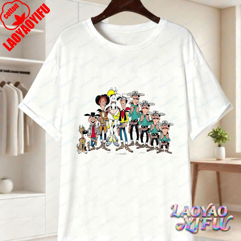 Classic Lucky Luke Cast Print Casual Tops Retro Western Animation Cotton TShirt Summer Casual Wear for Unisex Women Trendy Tee