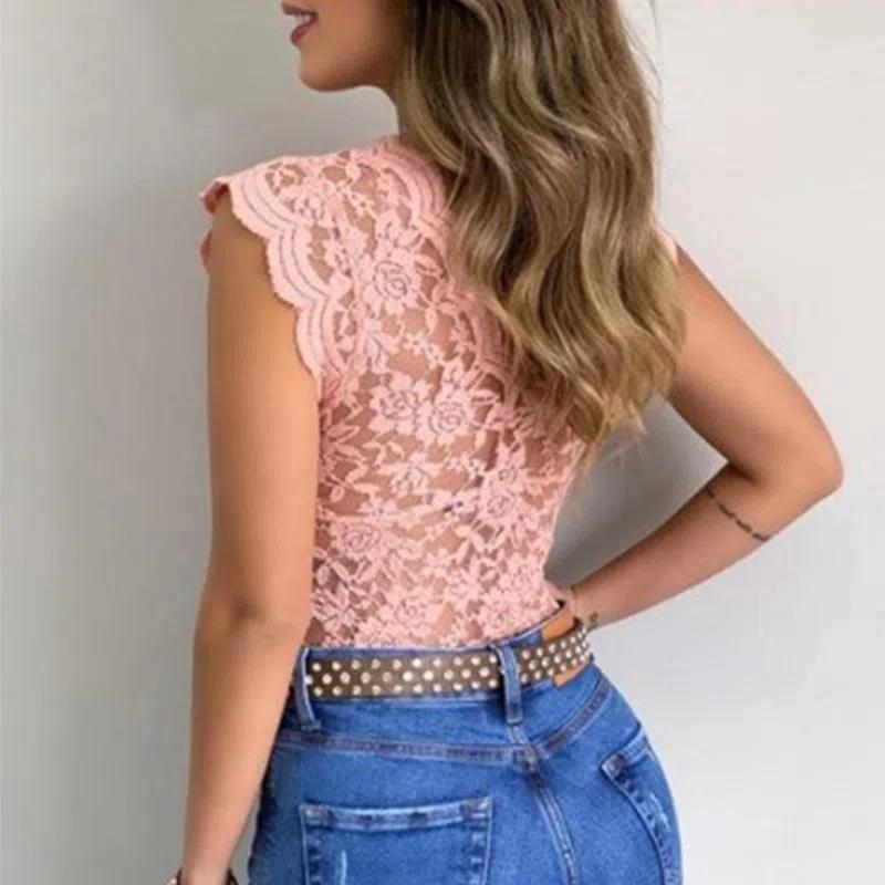 Элегантный женский красный кружевной топ с V-образным вырезом и короткими рукавами, с цветочным принтом, эластичный и облегающий, модный топ, кружевные детали