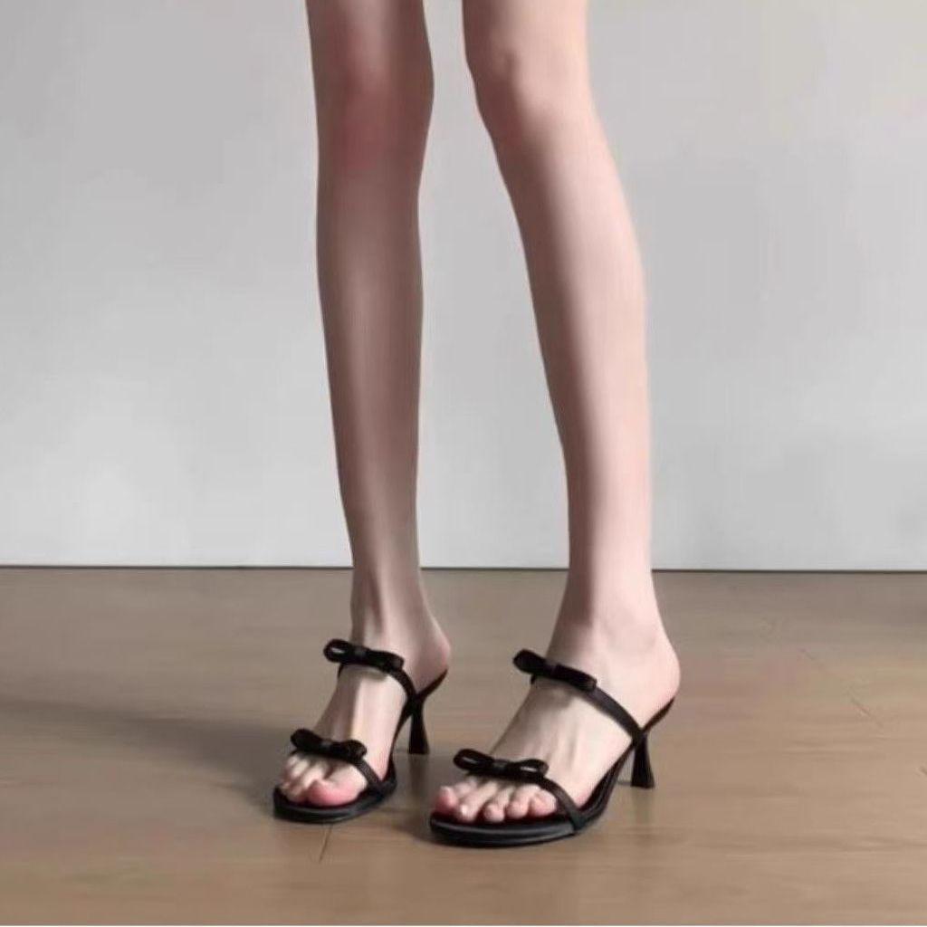 2025 summer new popular niche design Roman thin heels cool slippers women's word with bow high heels