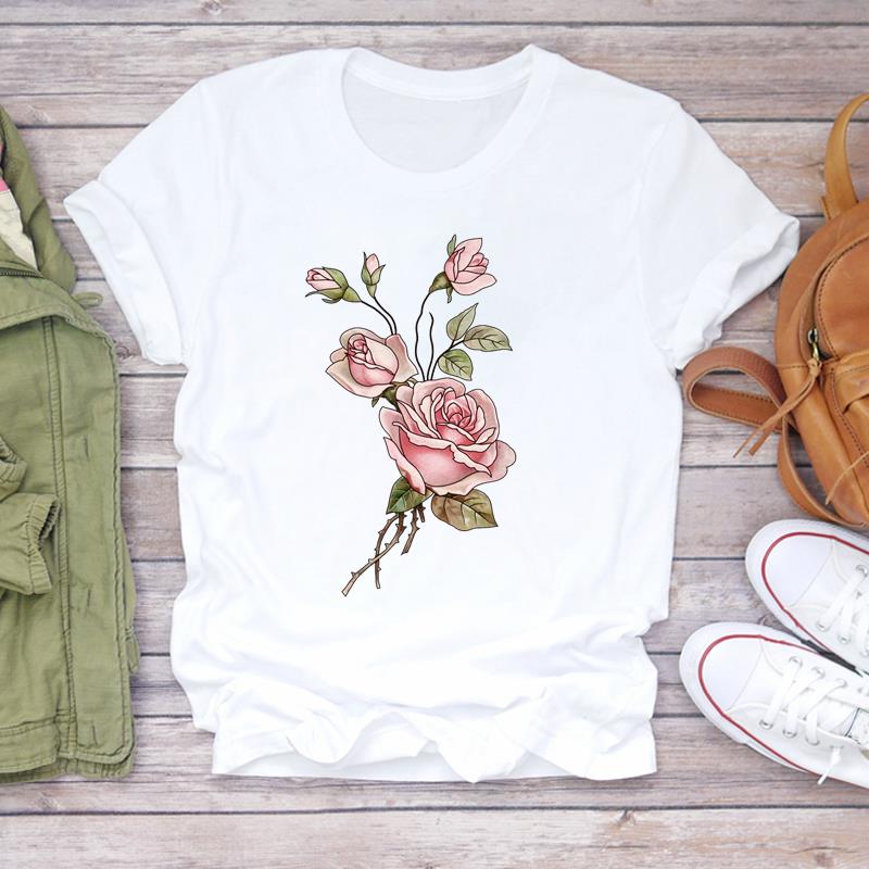 (Asian Size) Tee Top Lovely Cartoon Trend Cute Sweet Fashion Tshirt Women Flower Clothing Casual Short Sleeve Print Lady Female Graphic T-shirt
