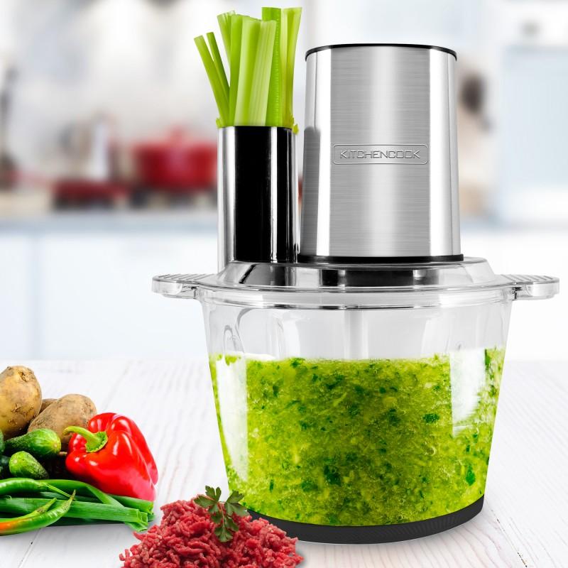 KitchenCook Многофункциональный измельчитель из нержавеющей стали 5 в 1 - 600 Вт - Вместимость (3л) - 4 Лезвия - Венчик - Лопатка - Стеклянная Миска для Смешивания