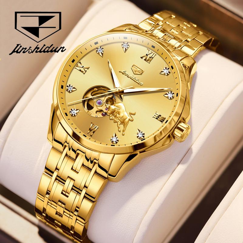 JINSHIDUN Новые мужские часы для бизнеса и отдыха, полностью автоматические механические часы, высококачественные часы с трубчатым маховиком