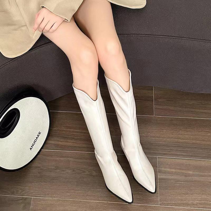 Уличный стиль, дизайнерские женские сапоги до колена, модные, с острым носком, длинные, с квадратным каблуком, обувь на осень-зиму