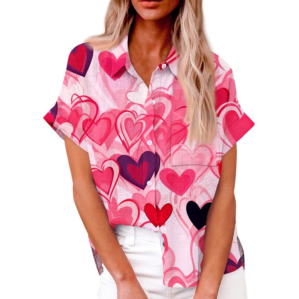 Женская свободная повседневная рубашка с короткими рукавами и отворотом с цифровым принтом и карманом
