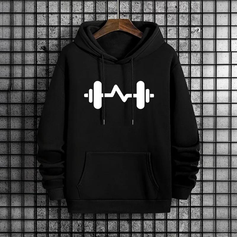 Men's Dumbbell Print Sweatshirt Urban Streetwear Fashion Hip Hop Hoodies Male Outdoor Gym Daily Casual Sporty Fitness Pullover