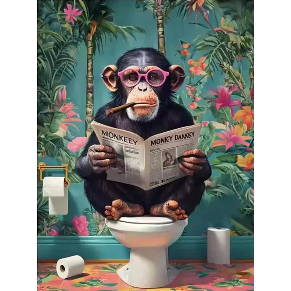 Funny Monkey Reading Newspaper OnToilet Canvas Print Black Cat Animal Bathroom Wall Art Poster for Modern Living Room Home Decor