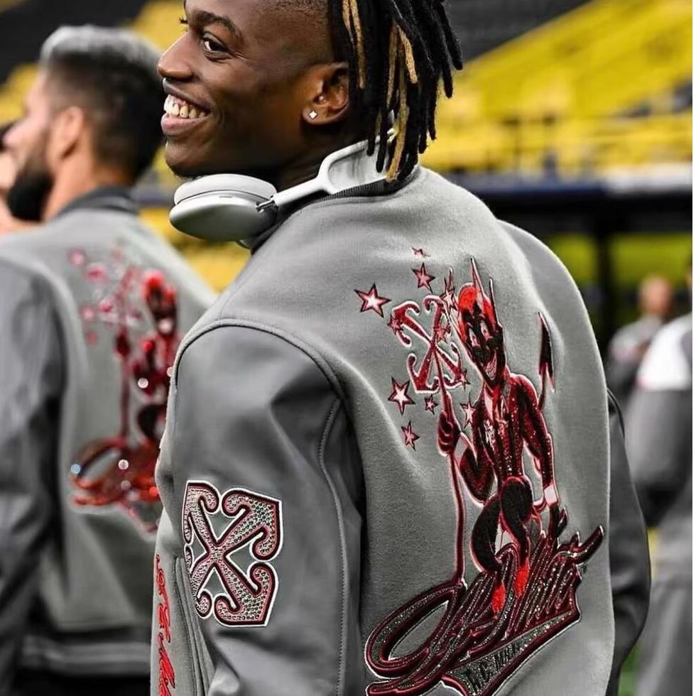 Кожаная бейсбольная куртка AC Milan с вышивкой, для тяжелых условий