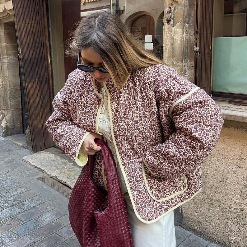 Зимние пальто Женская верхняя одежда Укороченная стеганая куртка Тренд Легкий цветочный принт Длинный рукав Утепленный стеганый кардиган Пальто