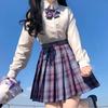 3Pcs Women Anime Uniform Set Purple Blue Pleated Skirts Summer JK Shirt Short Sleeve Long Sleeve Jacket With Mini Plaid Skirt Suit