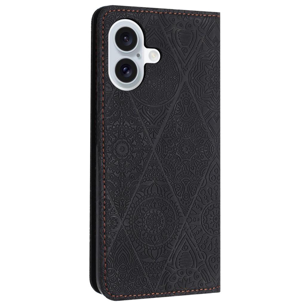 For iPhone 16 Case Imprinted Flower Wallet Stand Leather Phone Cover - Black