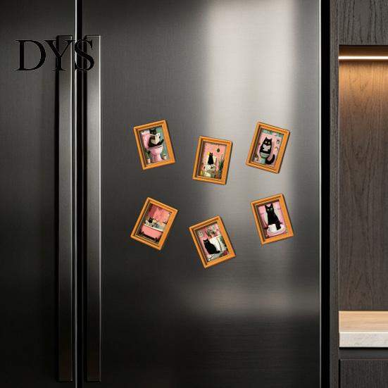 Small Picture Frames for Fridge Funny Wooden Magnets Frame, Retro Cute Cat Pattern Magnetic Refrigerator Photo Metal Cabinets Locker Magnet