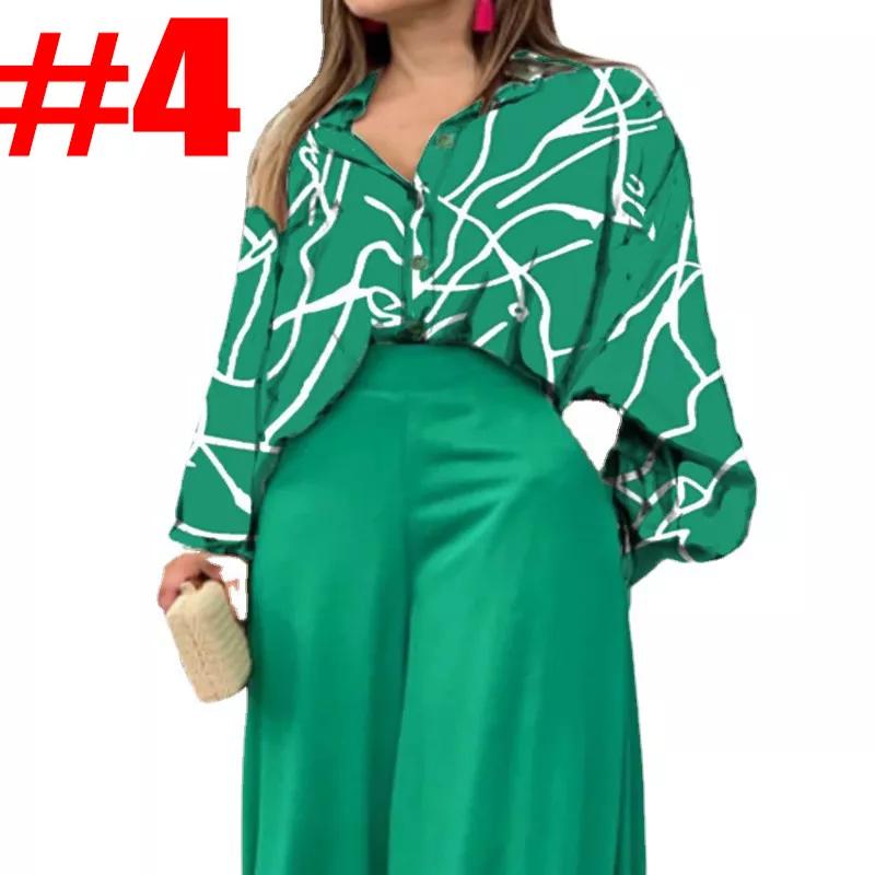 Women's Sets Casual Loose Plus Size Lapel Printed Long Sleeve Shirt Solid Color High Waist Wide Leg Pants