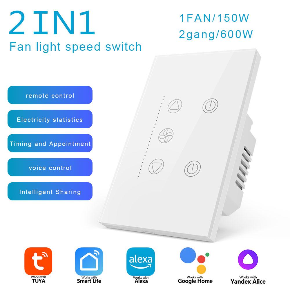Tuya WiFi Bluetooth Smart Fan Light Switch US Standard Wall Touch Switch APP Remote Voice Timer Speed Control Alexa Google