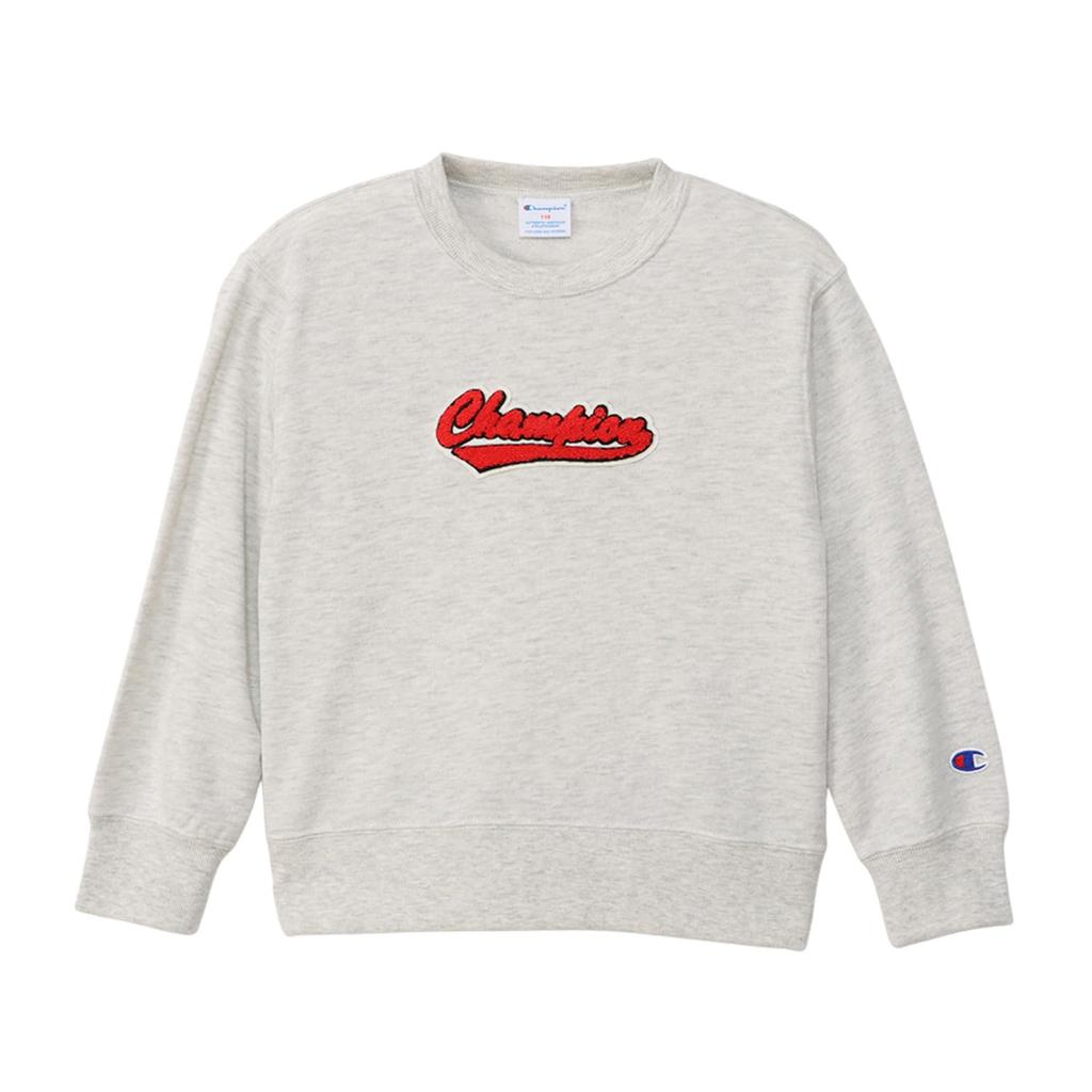 Kids Long Round Graphic Logo Crew Neck Boys Oatmeal [Champion] Sweatshirt, Sleeve, Neck, Fleece, Print, Sweatshirt, Casual, CK-Z001