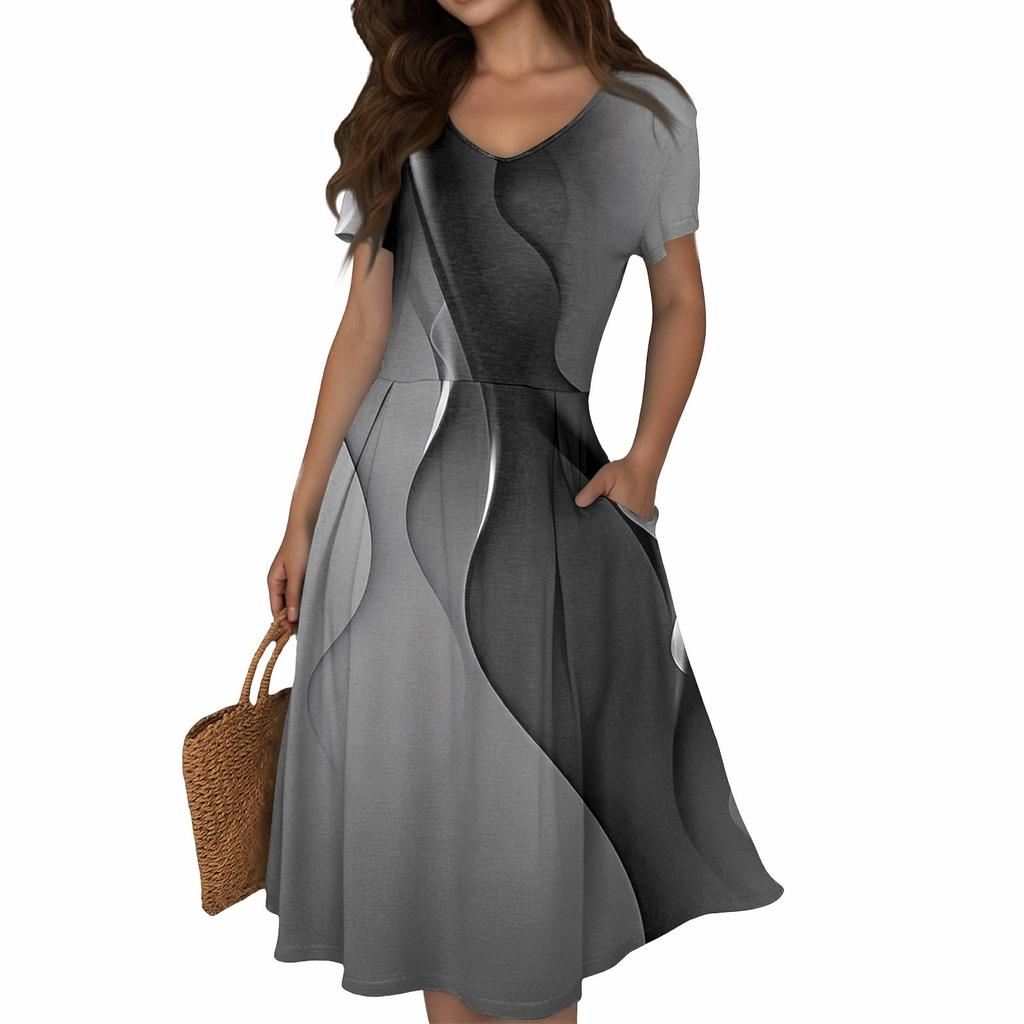 Женское летнее повседневное платье с принтом, V-образным вырезом, короткими рукавами и карманами