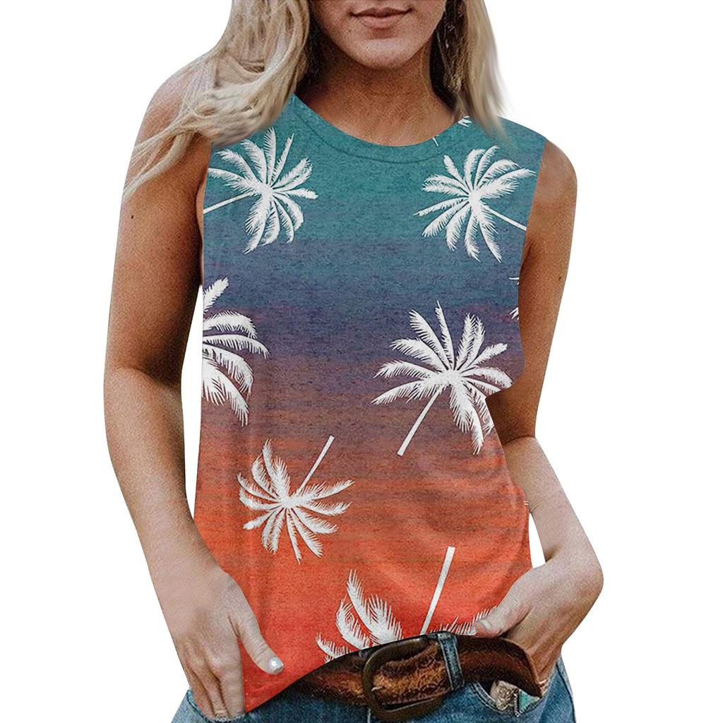 Женская повседневная футболка без рукавов с круглым вырезом и гавайским принтом