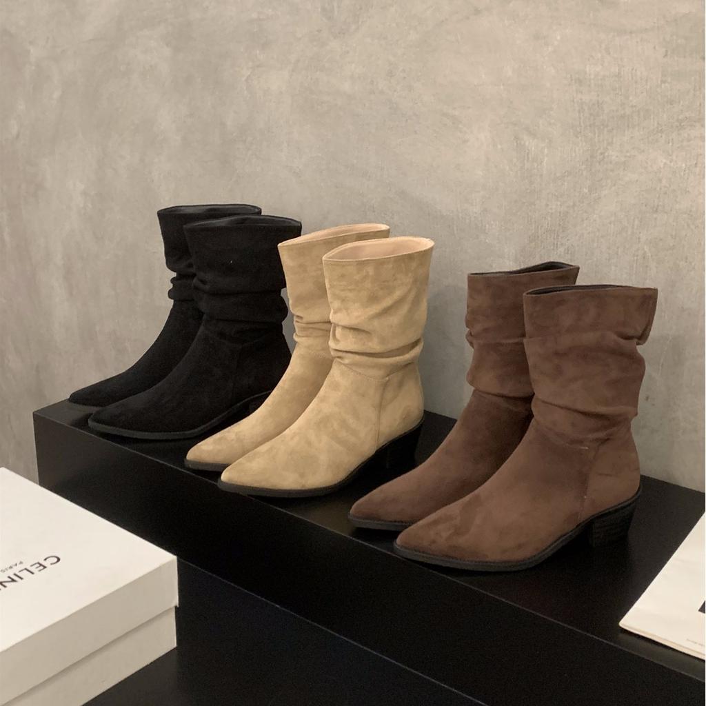 Туфли-лодочки на высоком каблуке, замшевые, цвета хаки, тонкие, французские, короткие ботильоны, женская обувь 2025, новые ботильоны на наборном каблуке, весенне-осенние одинарные ботильоны