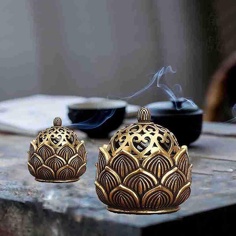 Retro Copper Small Lotus Hollow Out Incense Stick Burner Brass Incense Holder