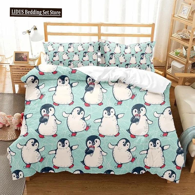 Cartoon Penguin Duvet Cover Collection For Boys Girl Animated Antarctic Animal Polyester Quilt Cover White Black King Queen Size