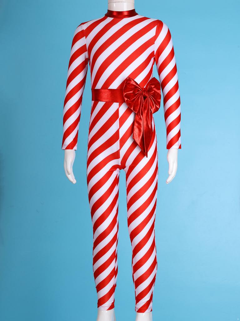 Kids Girls Candy Cane Striped Christmas Costume Long Sleeve Bow-knot Long Bodysuit Dance Jumpsuit Costume Dancewear