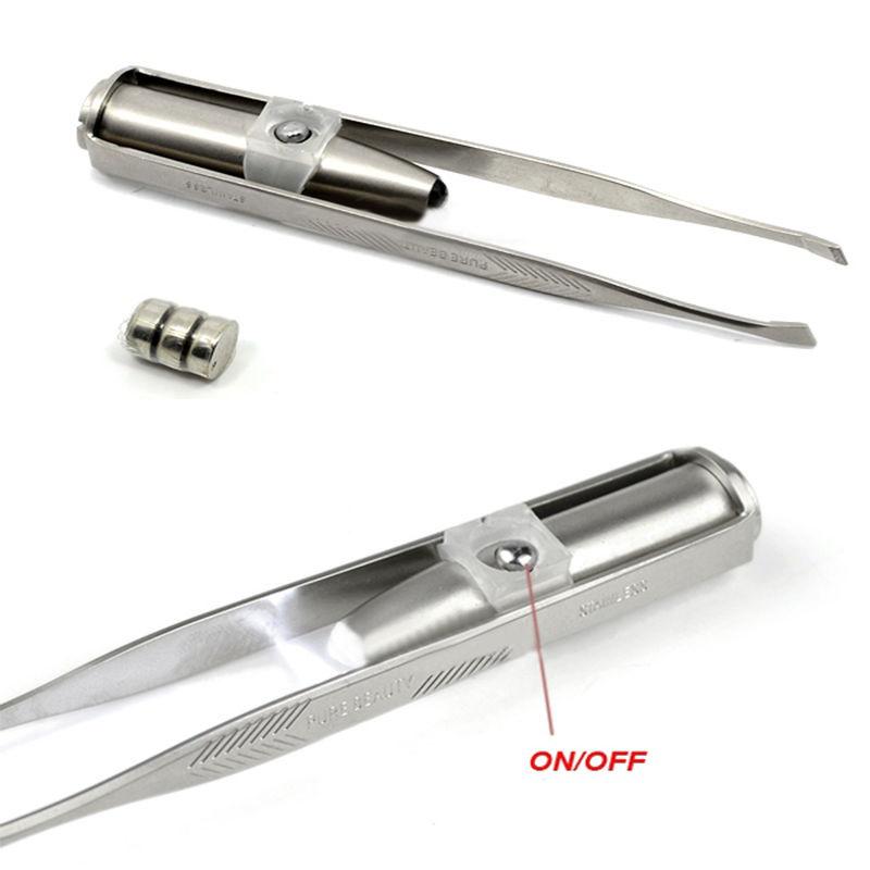 Stainless Steel Makeup LED Light Slant Tip Hair Removal Eyelashes Eyebrow Tweezers Makeup Tool with Battery
