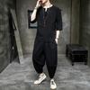 Men's Linen 7-point Short-sleeved T-shirt Two-piece Chinese Style Cotton and Linen Men's Clothing Plus Size