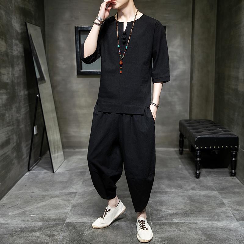 Men's Linen 7-point Short-sleeved T-shirt Two-piece Chinese Style Cotton and Linen Men's Clothing Plus Size
