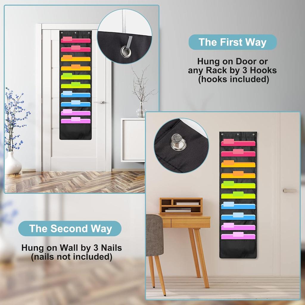 Geyee 4 Pack Hanging Wall File Organizer, Storage Pocket Chart, over Door Hangers Included, Hanging Wall Paper Organizer for File Folders, Classroom