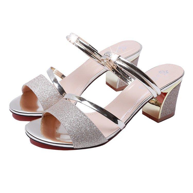 Fashion Sandals for Women with Thick Heels and High Heels 2025 Summer New Korean Version Women's Shoes Fashionable Rhinestone Women's