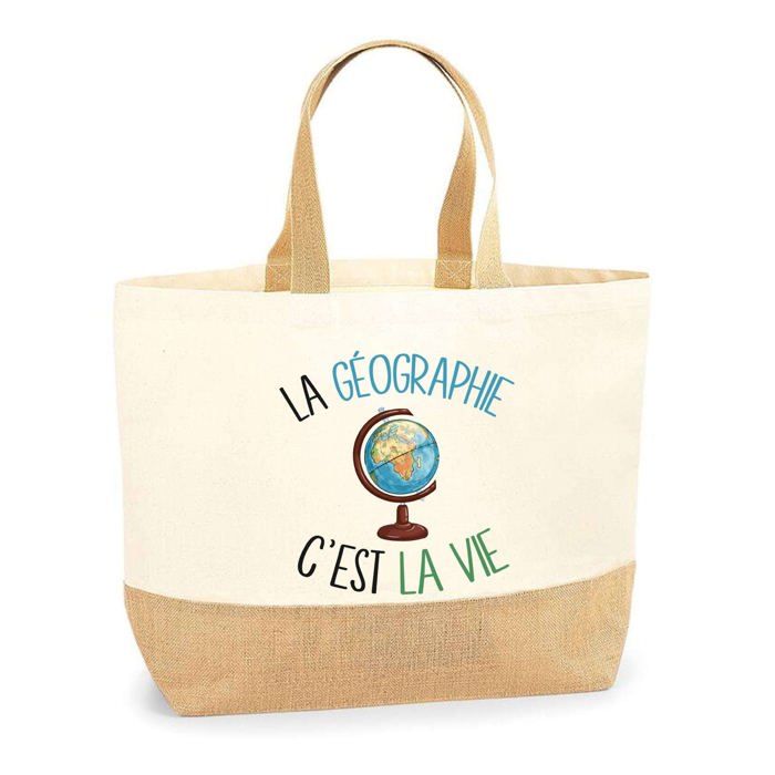 Cabas de plage - PLANETEE - Géographie « c'est la vie » - Jute naturel - Multicolore imprimé - Fabriqué en France