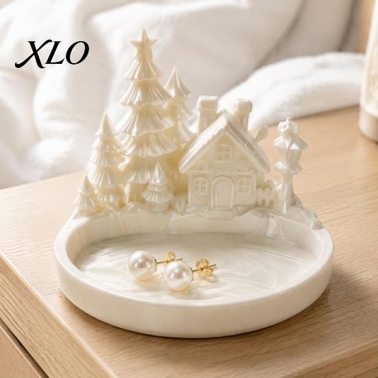 Winter Holiday Gift for Her Christmas Village Jewelry Tray, 3D Printed Snow House Pine Tree Decorative Dish, Fairy Tale Desktop Tray Mini Organizer