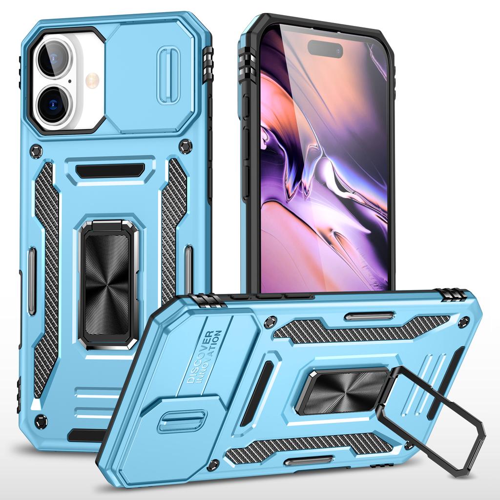Серия Armor Чехол для iPhone 16 Plus Регулируемая подставка PC+TPU Чехол для телефона со сдвижной защитой объектива