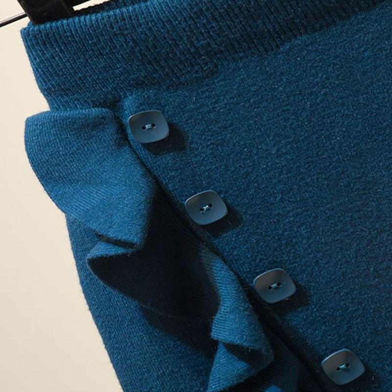 Вязаная юбка, женская осенне-зимняя юбка, зимняя со свитером, однобортная юбка на бедрах с деревянными ушками