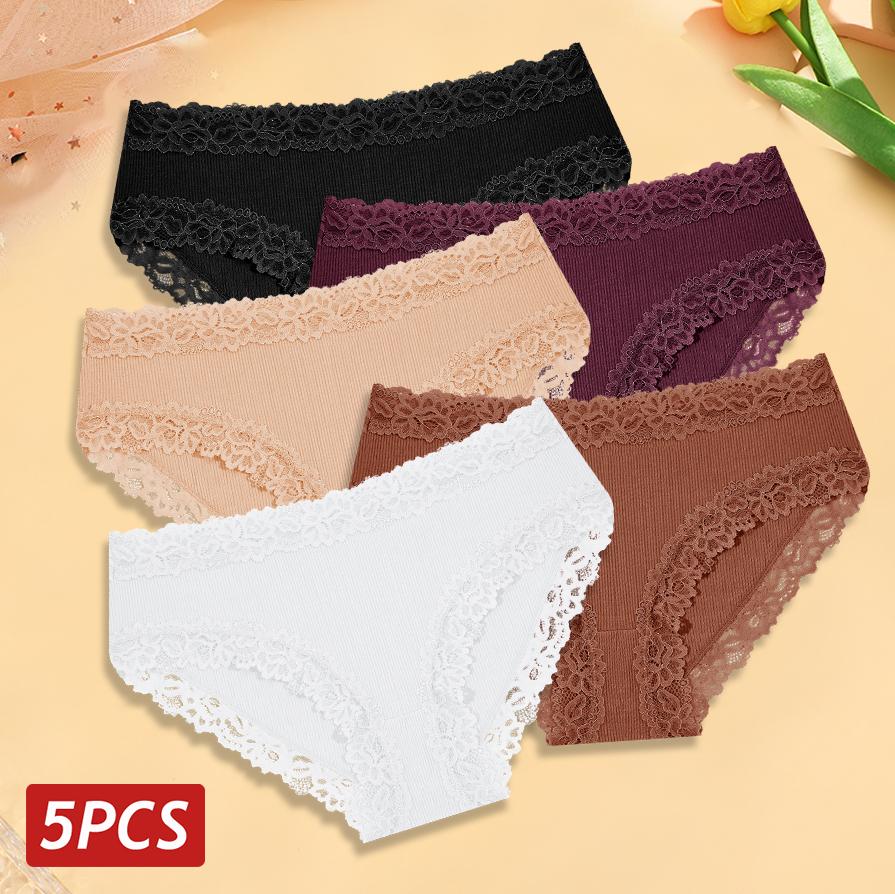 5PCS Cotton Panties Women Floral Lace Briefs Seamless Sexy Lingerie Low Rise Elastic Underpant Female Breathable Soft Underwear