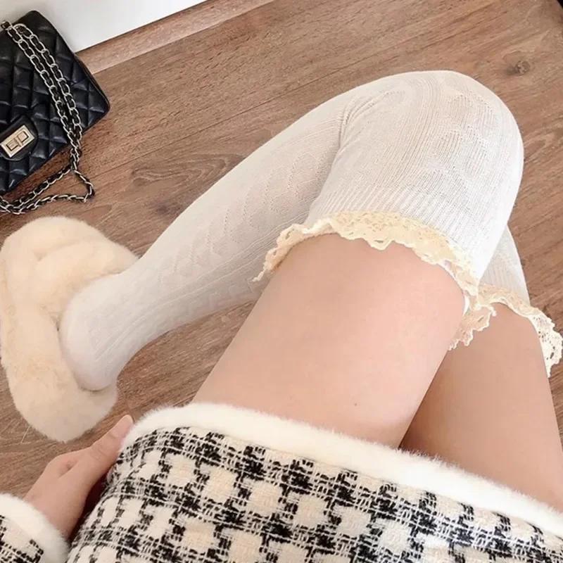 New Style Sexy Vintage Lace Long Knee Socks Premium Feel Light Warm Black White Grey Over Knee JK Tights