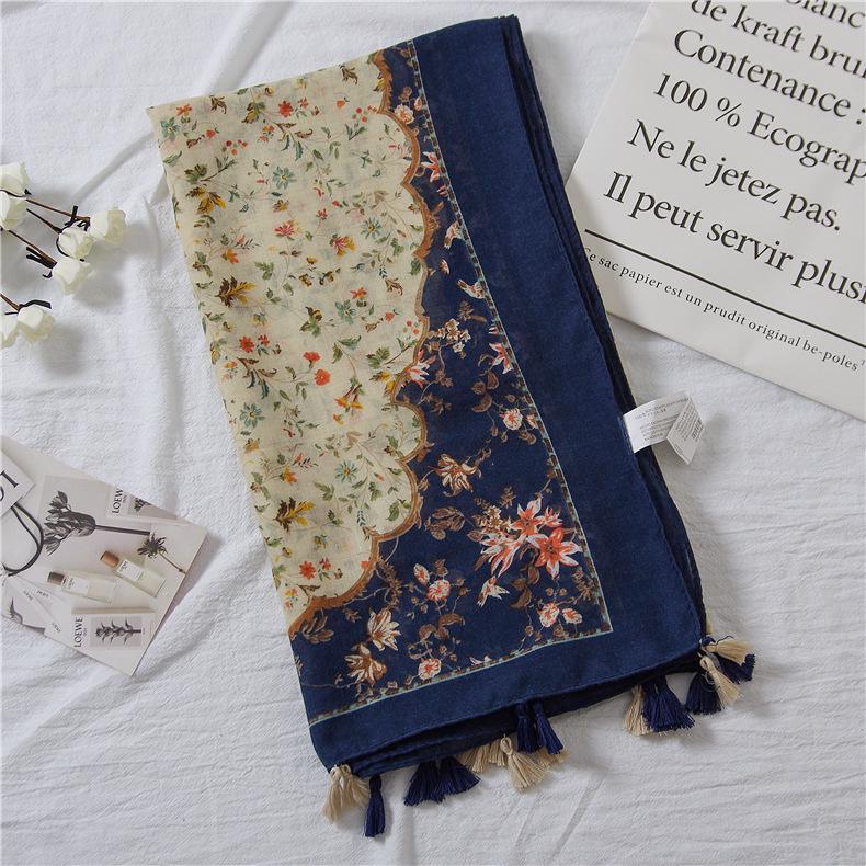 Japanese Cotton Linen Floral Color Block Scarf & Shawl - Spring/Summer