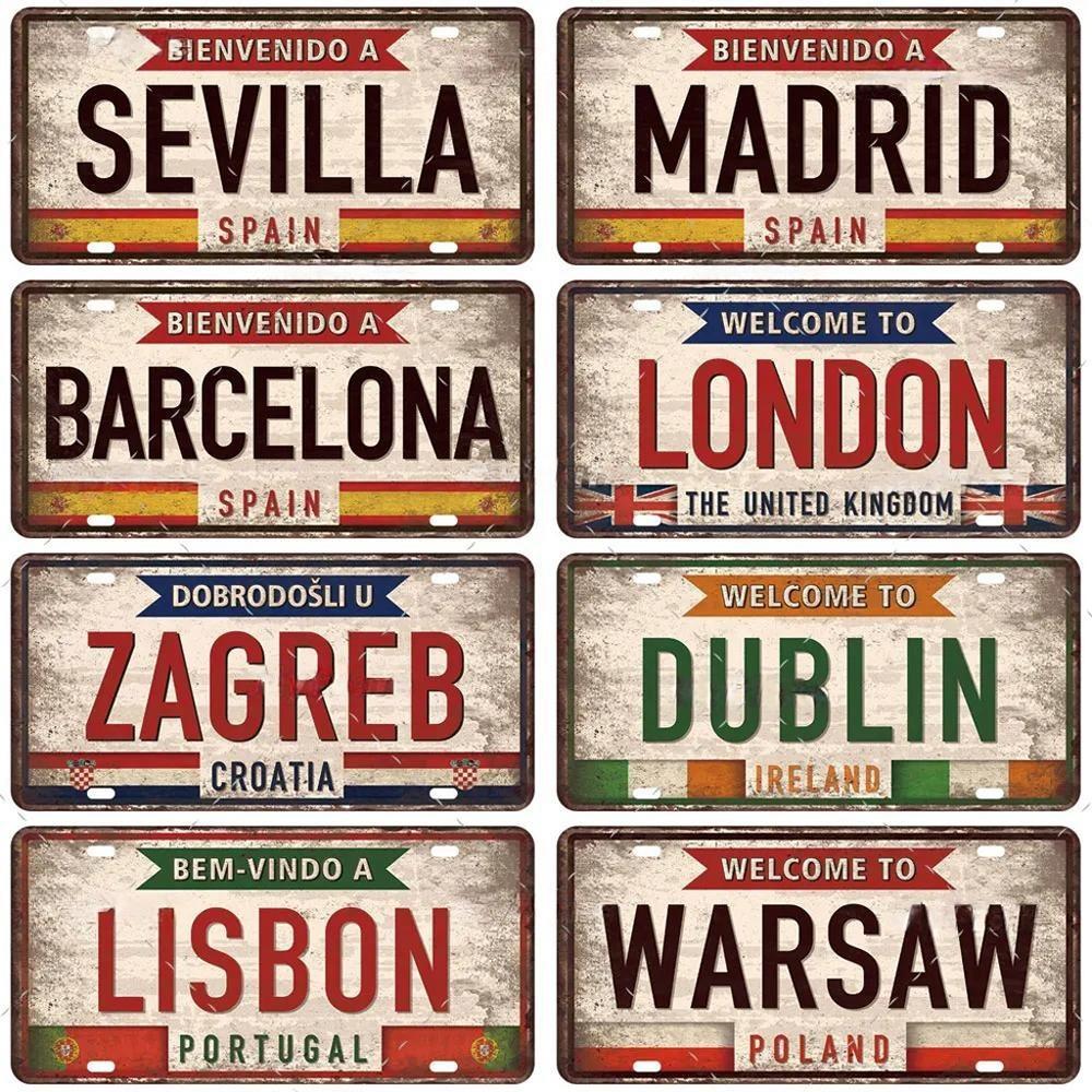 Vintage Berlin Madrid New York Paris Country City Style Plate Metal Sign Plaque Tin Sign Man Cave Bar Club Poster Decoration