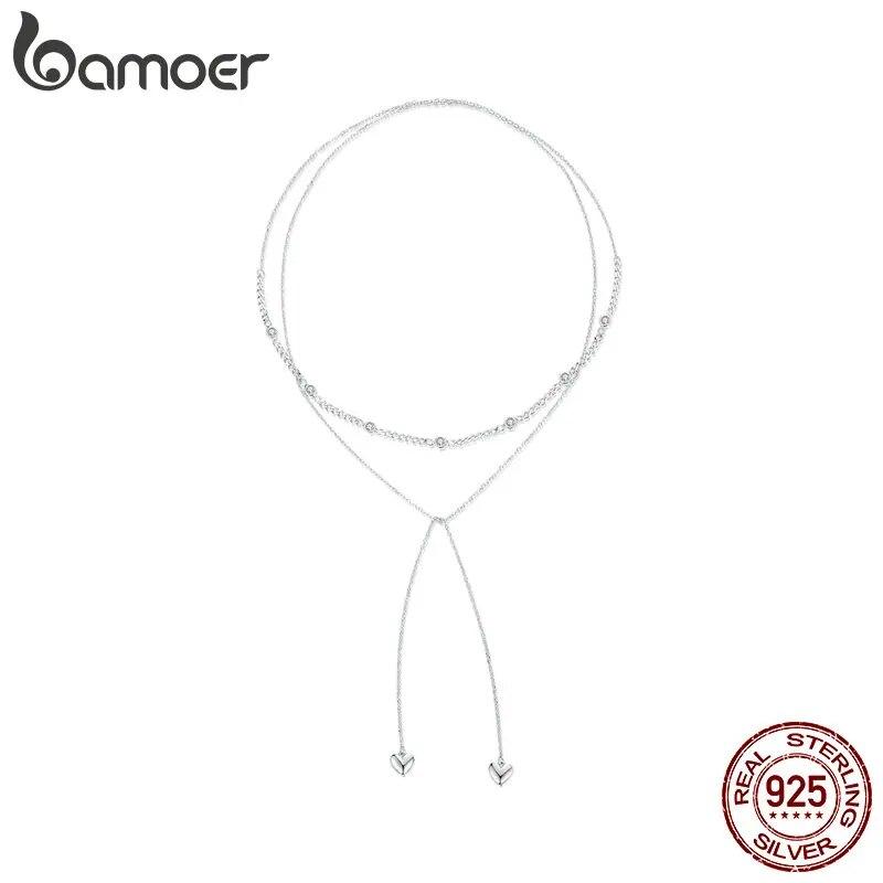 Ювелирные изделия BAMOER из стерлингового серебра 925 пробы, двухслойное ожерелье с сердечком любви, подвеска из белого золота, изысканное колье для женщин и девочек