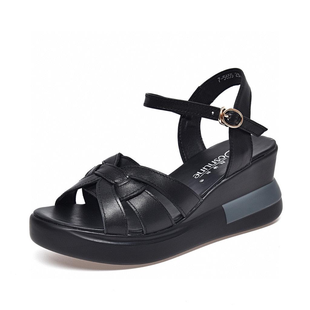2025 Summer New Wedge Heel Women's Sandals First Layer Cowhide Open-toed Back Empty Word with Casual Waterproof Platform Platform Shoes