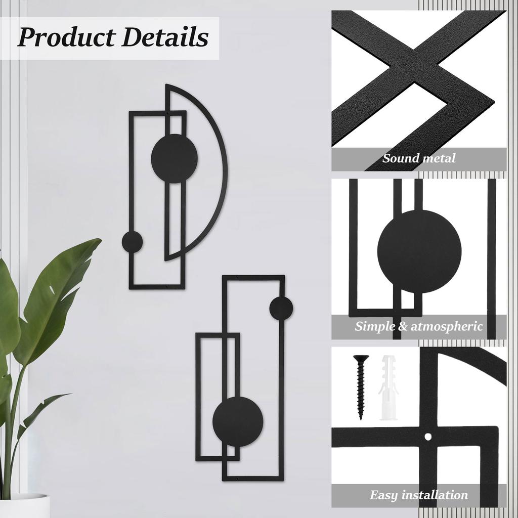 2 шт. Черное абстрактное металлическое настенное искусство Вертикальное минималистичное украшение Современный геометрический декор 3D текстурированные скульптуры для гостиной