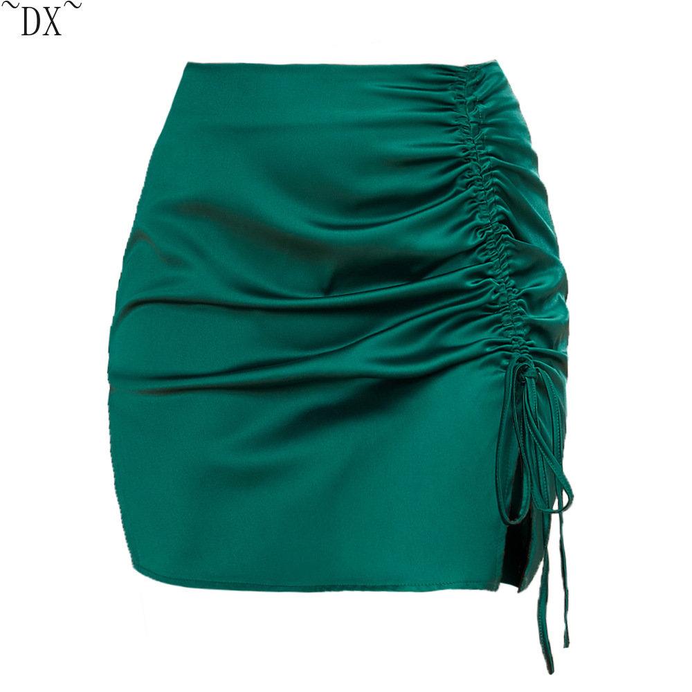 DX ~ ~ однотонная плиссированная юбка на бедрах с запахом, европейская и американская сексуальная атласная полуюбка с высокой талией на молнии, женское летнее платье