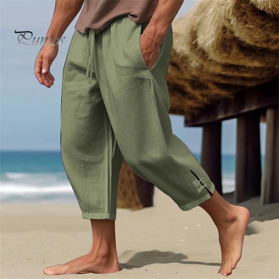 Men Cropped Pants Drawstring Elastic Waist Solid Color Loose Pockets Split Deep Crotch Soft Breathable Summer Vacation Beach