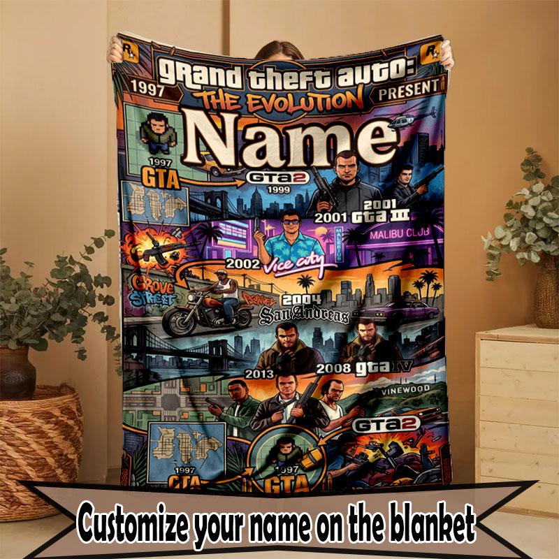 Custom Name Personalized Grand Theft Auto Print Blanket, Home Decor, Bedroom, Sofa, Camping, Couch, Gifts for Birthday Christmas