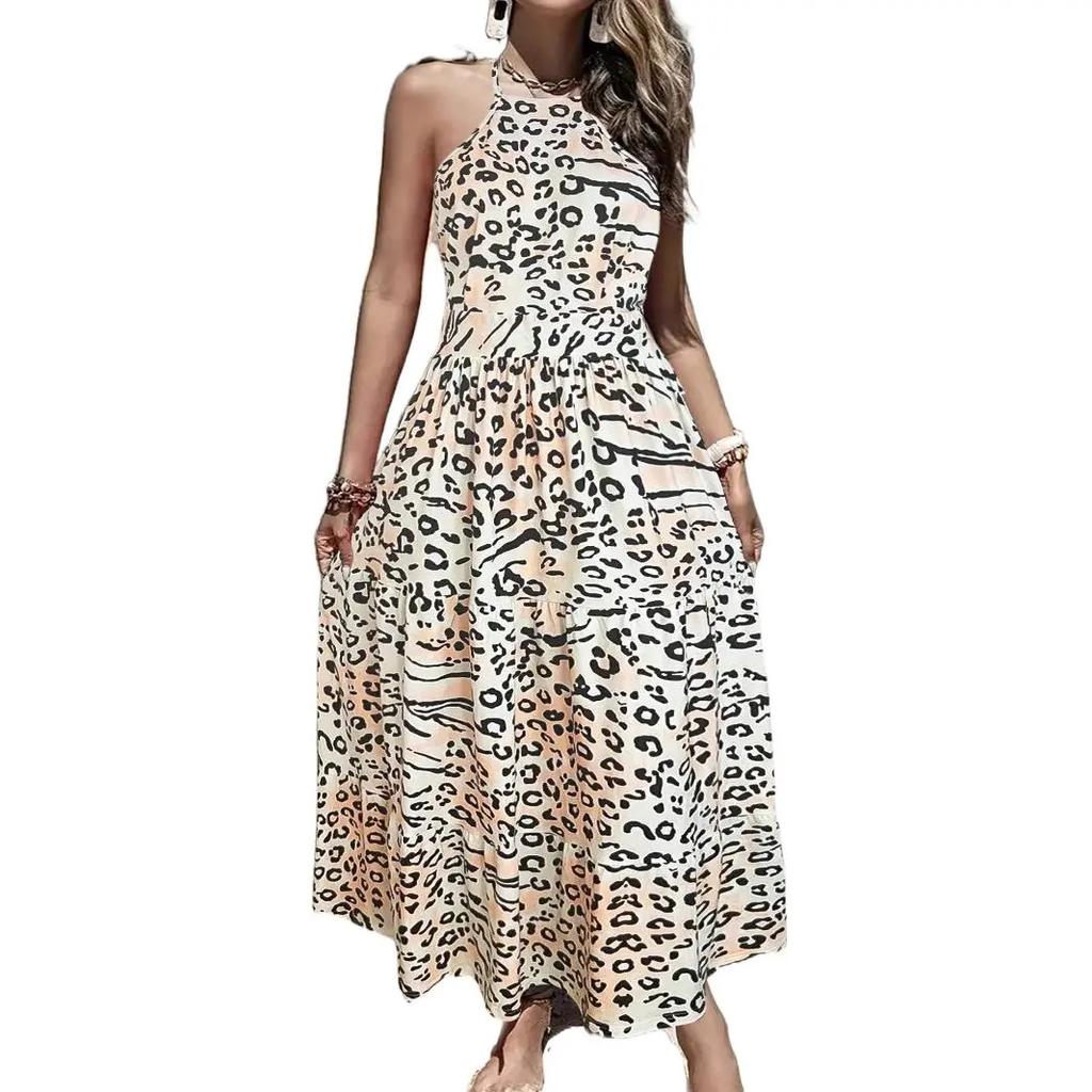 Women's Summer Halterneck Strapless Long Leopard Print Dress