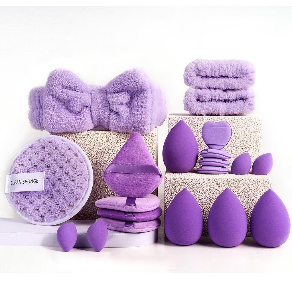 Набор из 20 инструментов для макияжа, в который входят повязка на голову, напульсники, пуховка для снятия макияжа, спонж для макияжа