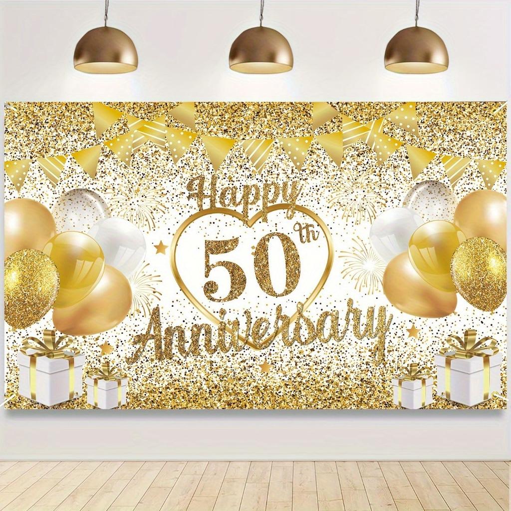 A polyester 50th anniversary wedding background fabric and a golden banner for the happy 50th anniversary