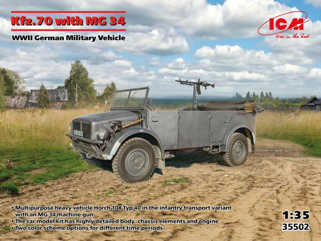 Пластиковая модель немецкого бронетранспортера ICM 35502 1/35 Kfz.70 с MG34 (военный автомобиль)