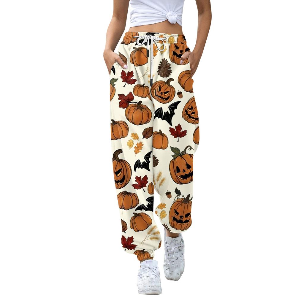 Женские повседневные модные брюки для отдыха с принтом на Хэллоуин, спортивные штаны, брюки с эластичной резинкой на талии, брюки со шнурком