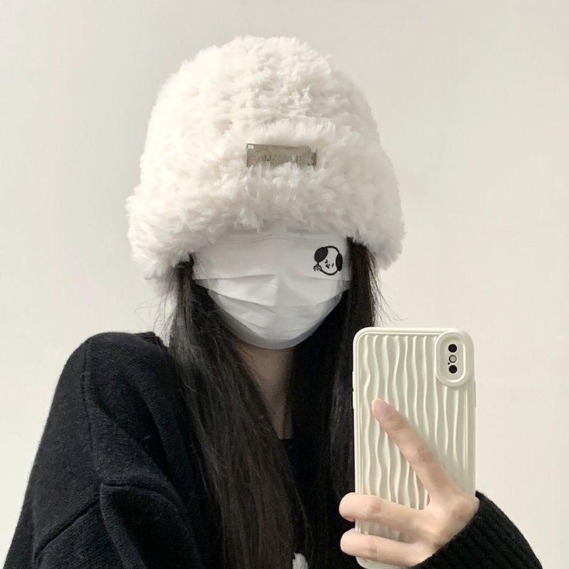 Cute Bear Wool Hat Women's Winter Thickened Plush Warm Plush Bald Hat Autumn and Winter Big Head Circumference Knitted Hat